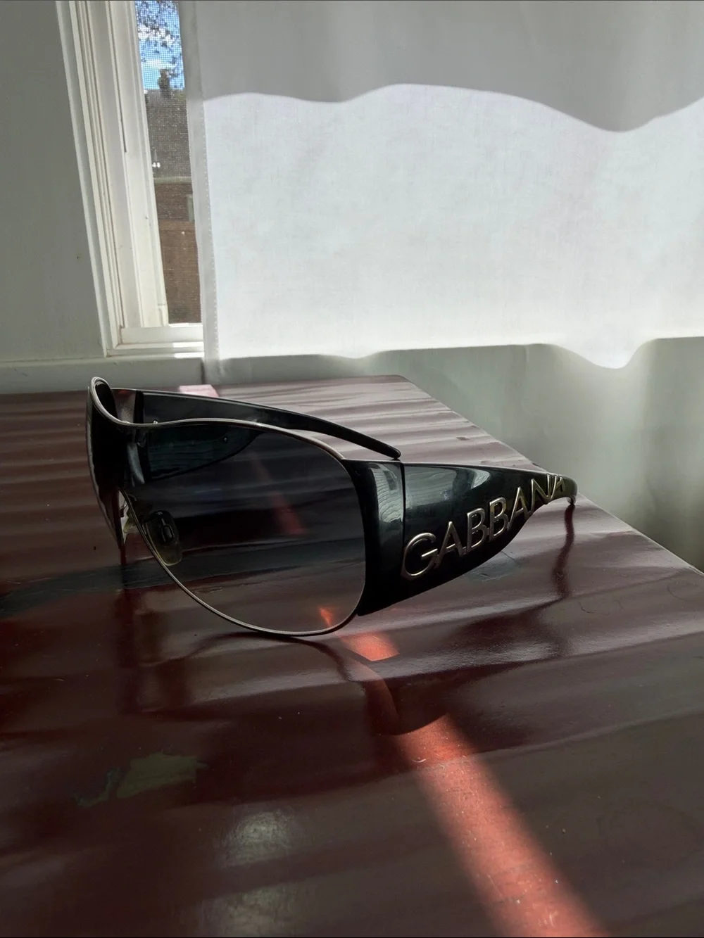 Dolce & Gabbana 2005 Black Shield Sunglasses with Gold Logo